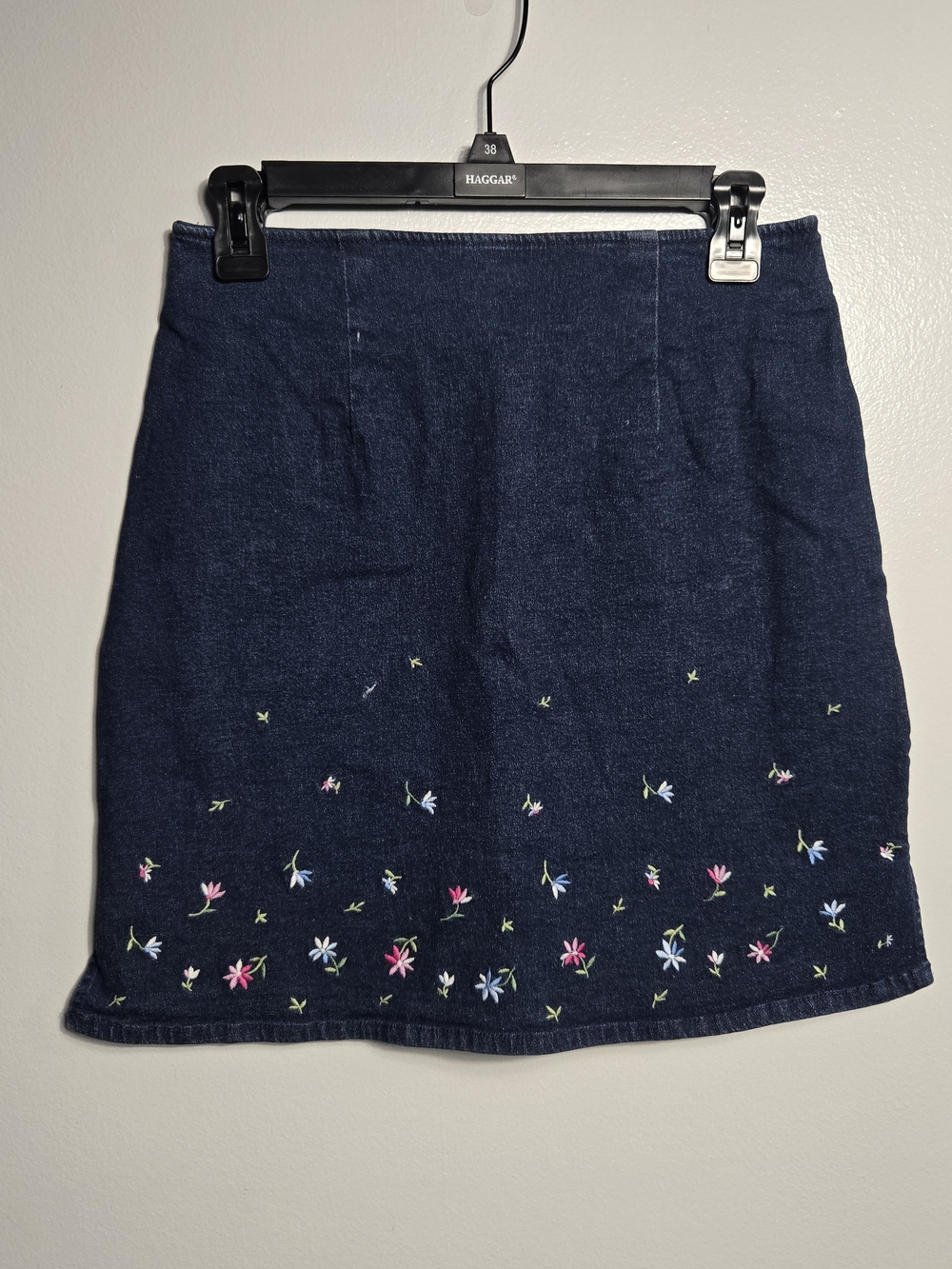 Vintage Route 66 Dark Wash Embroidered Floral Denim Mini Skirt Stretch Fit 7/8